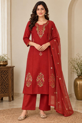 Pure Cotton Maroon Embroidered Kurta Palazzo Set with Dupatta