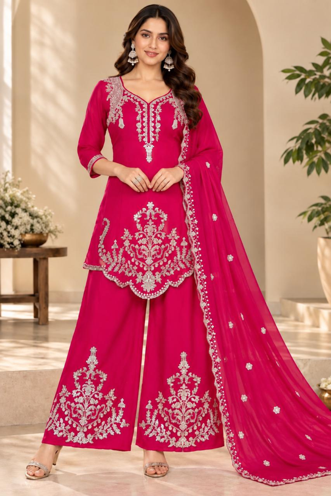 Stunning Pink Embroidered Chinon Kurta Palazzo Set