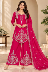 Stunning Pink Embroidered Chinon Kurta Palazzo Set