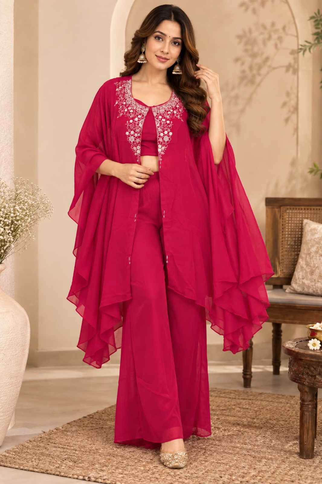 Elegant Chinon Cape Co-ord Set with Flared Pants
