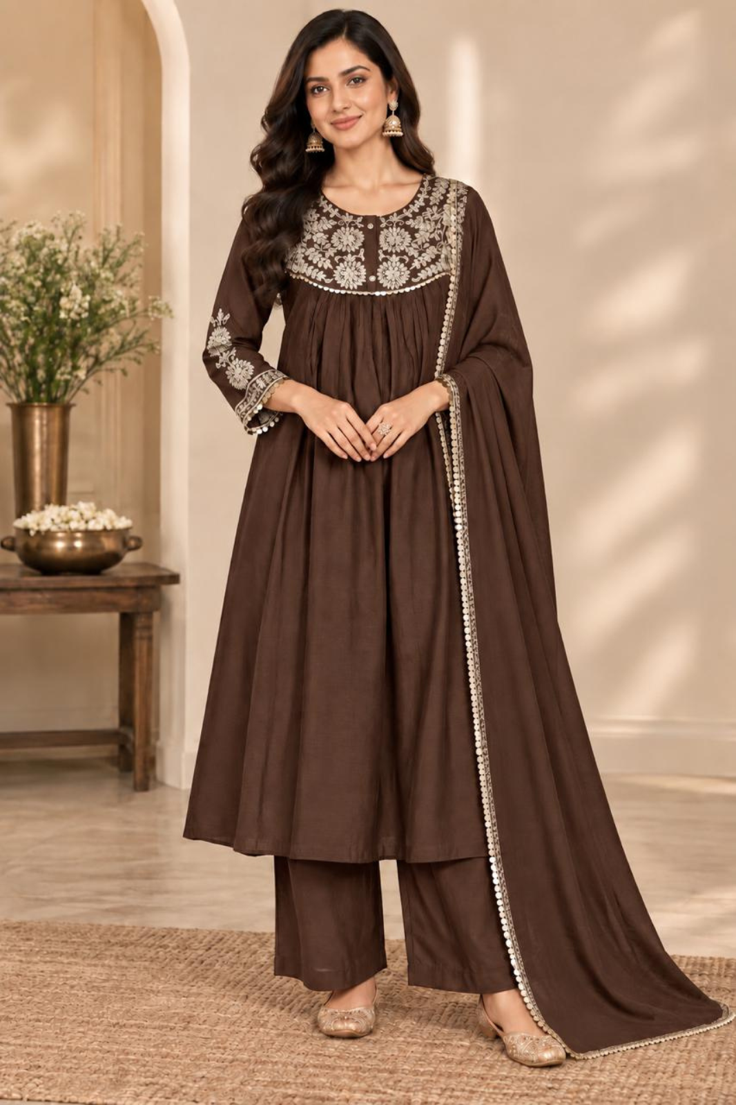 Graceful Chocolate Brown Mul Chanderi Embroidered Anarkali Suit Set