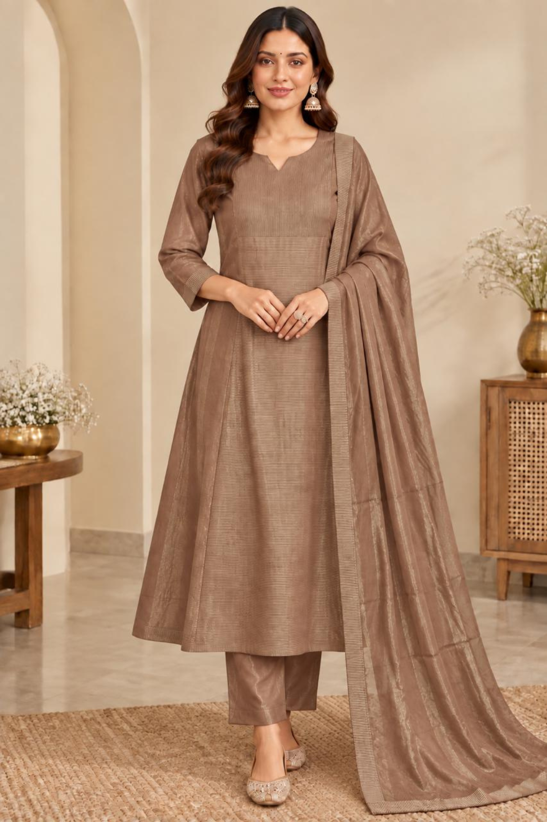 Stunning Mocha Roman Shimmer A-Line Kurta Set with Dupatta