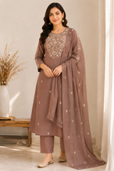 Elegant Mocha Brown Mul Chanderi Embroidered Kurta Set with Dupatta