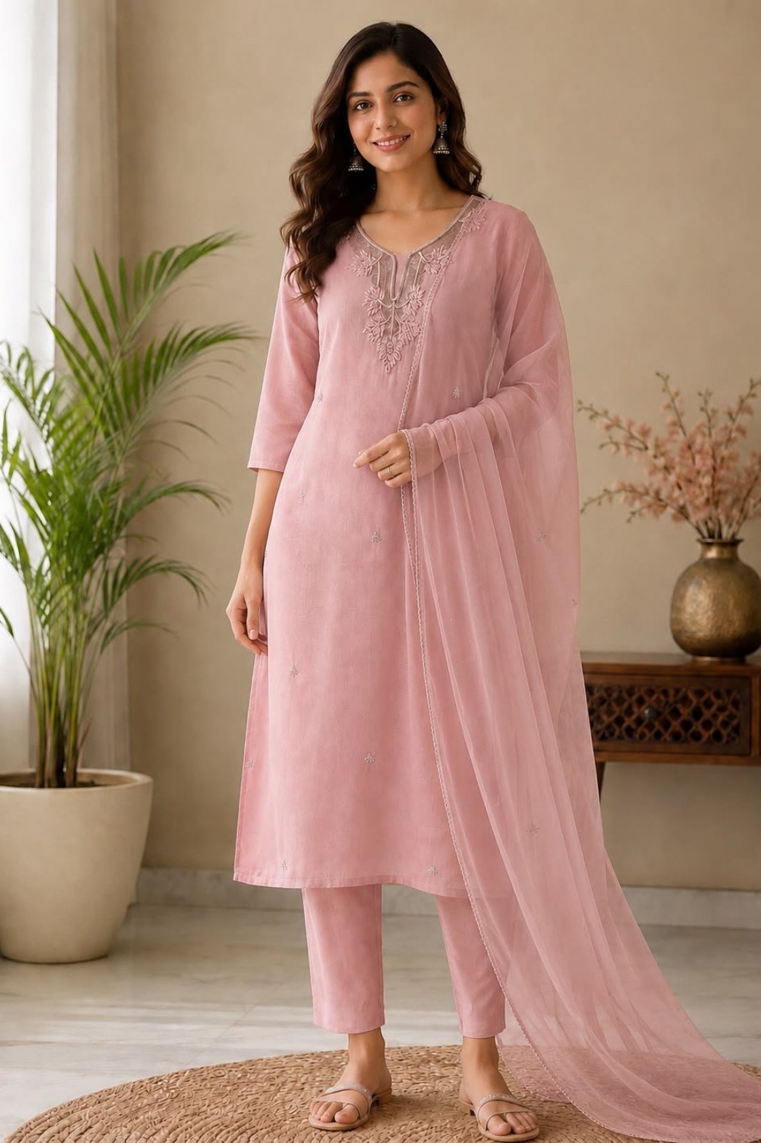 Dusty Rose Mul Chanderi Embroidered Kurta Set with Dupatta