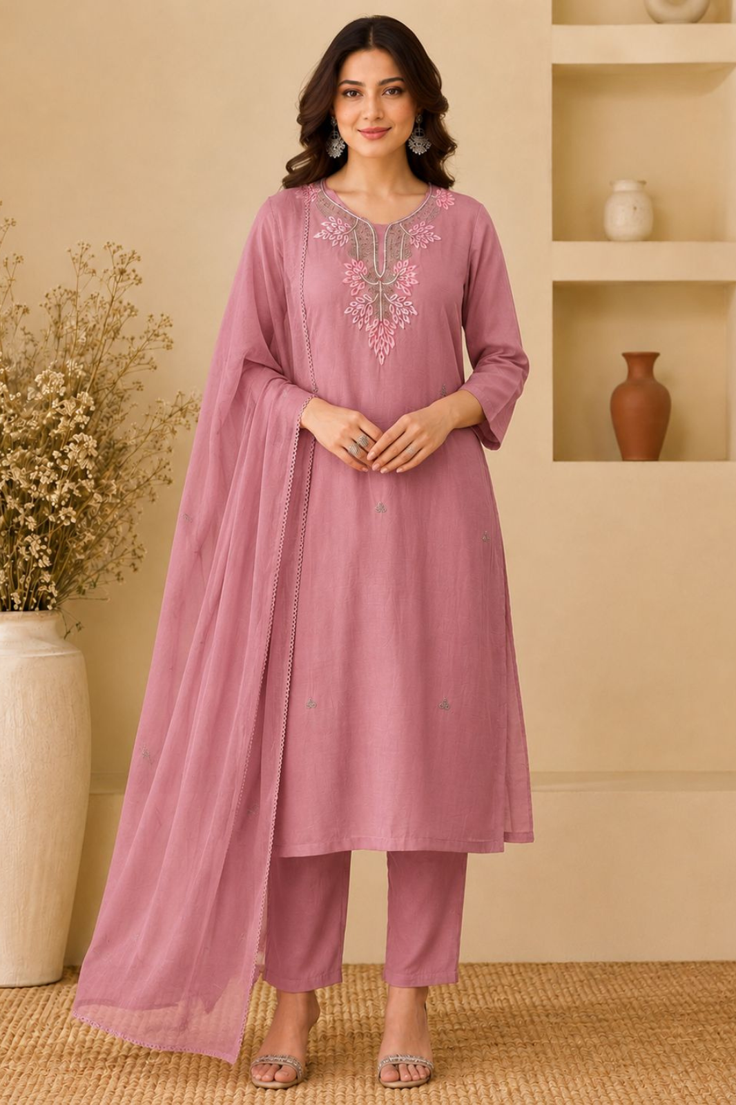 Dusty Rose Mul Chanderi Embroidered Kurta Set with Dupatta