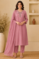 Dusty Rose Mul Chanderi Embroidered Kurta Set with Dupatta