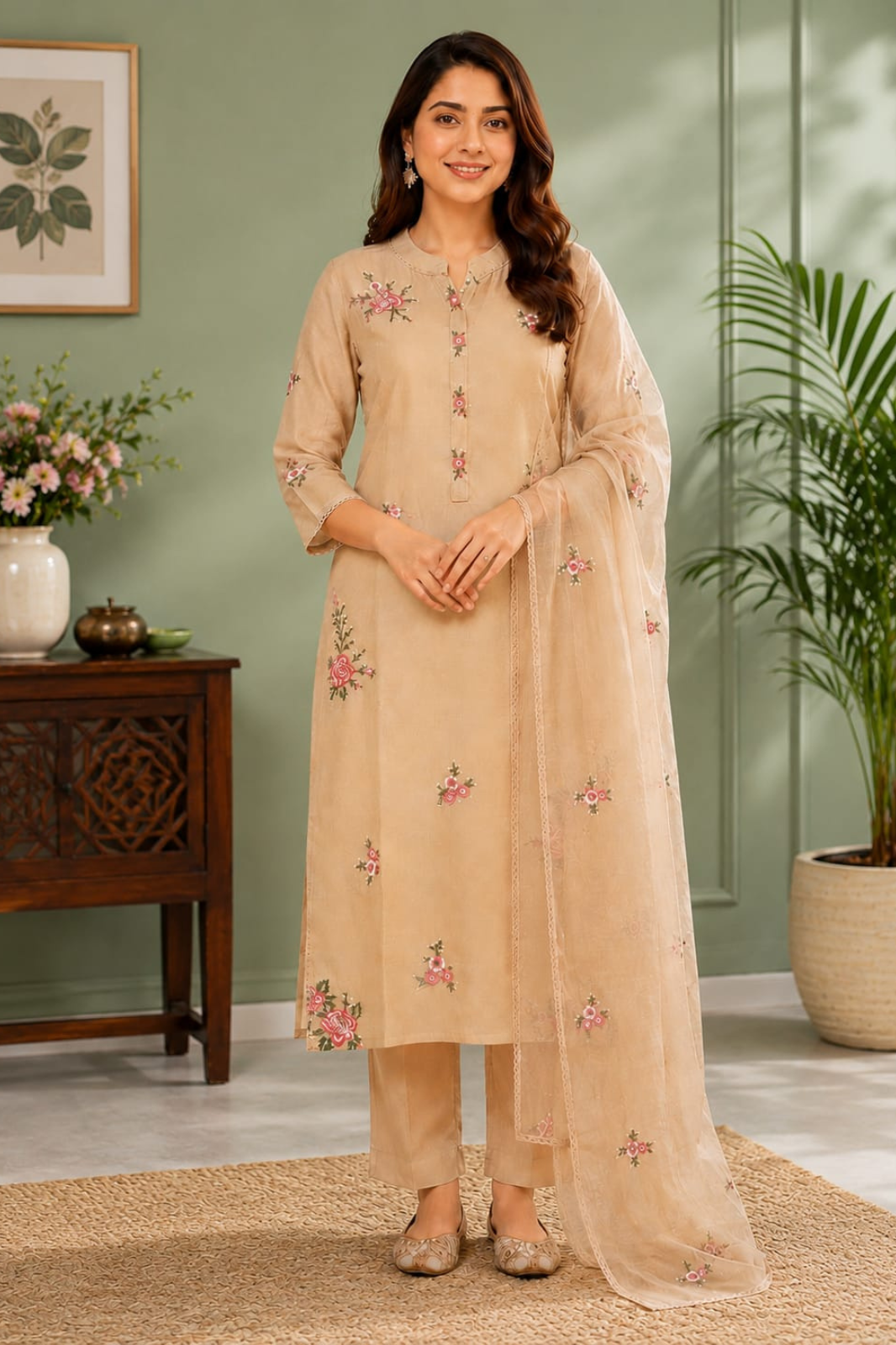 Elegant Beige Mul Chanderi Embroidered Kurta Set with Dupatta