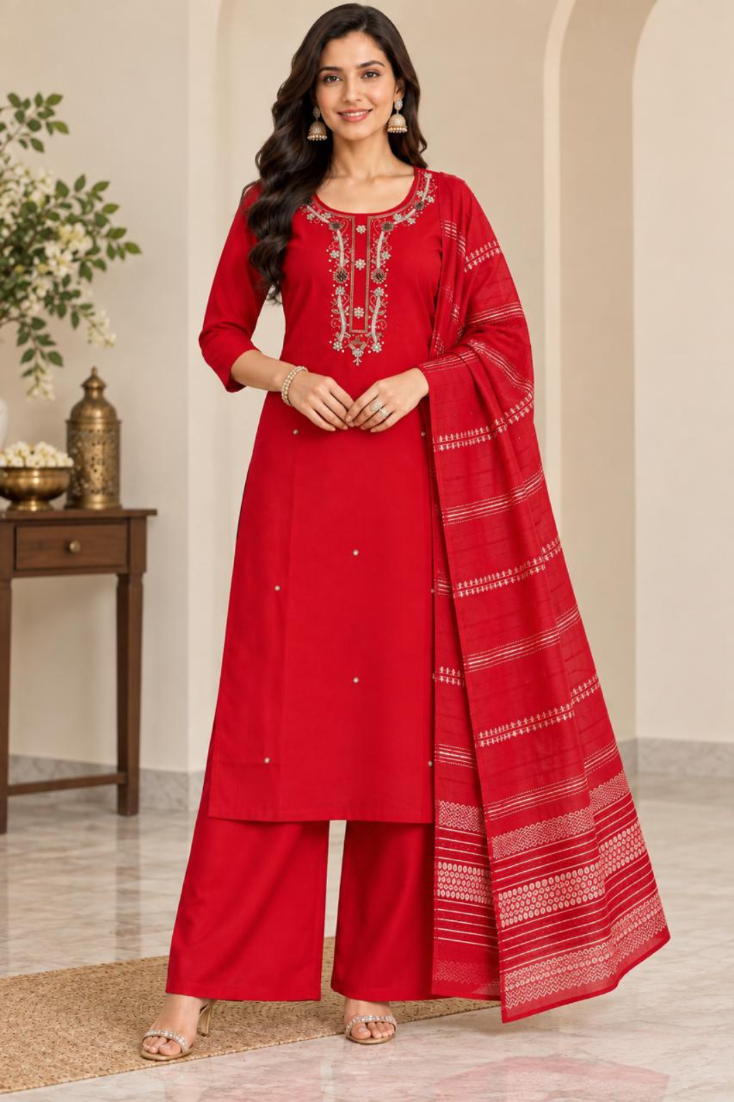 Vibrant Red Roman Silk Embroidered Kurta Pant Set with Dupatta