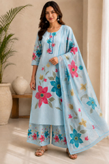Graceful Sky Blue Floral Printed Linen Kurta Set with Dupatta for Women