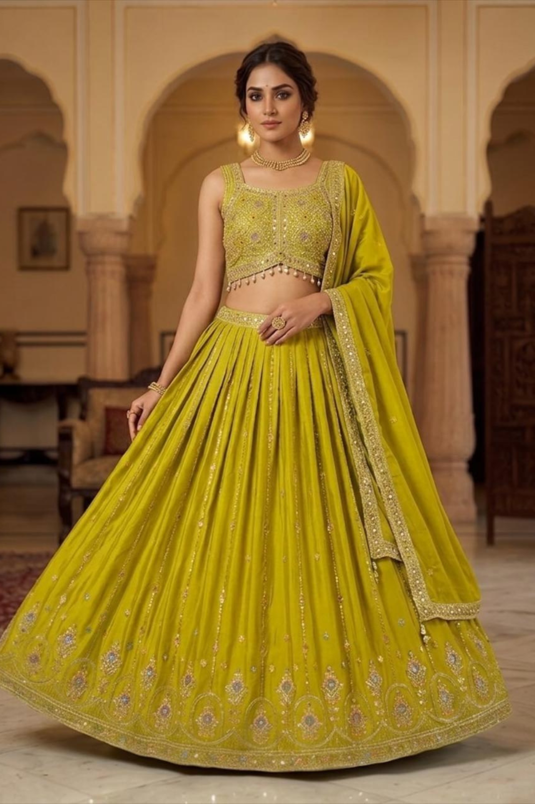 Lime Green Silk Blend Embroidered Lehenga Set with Dupatta (Sleeves Included)