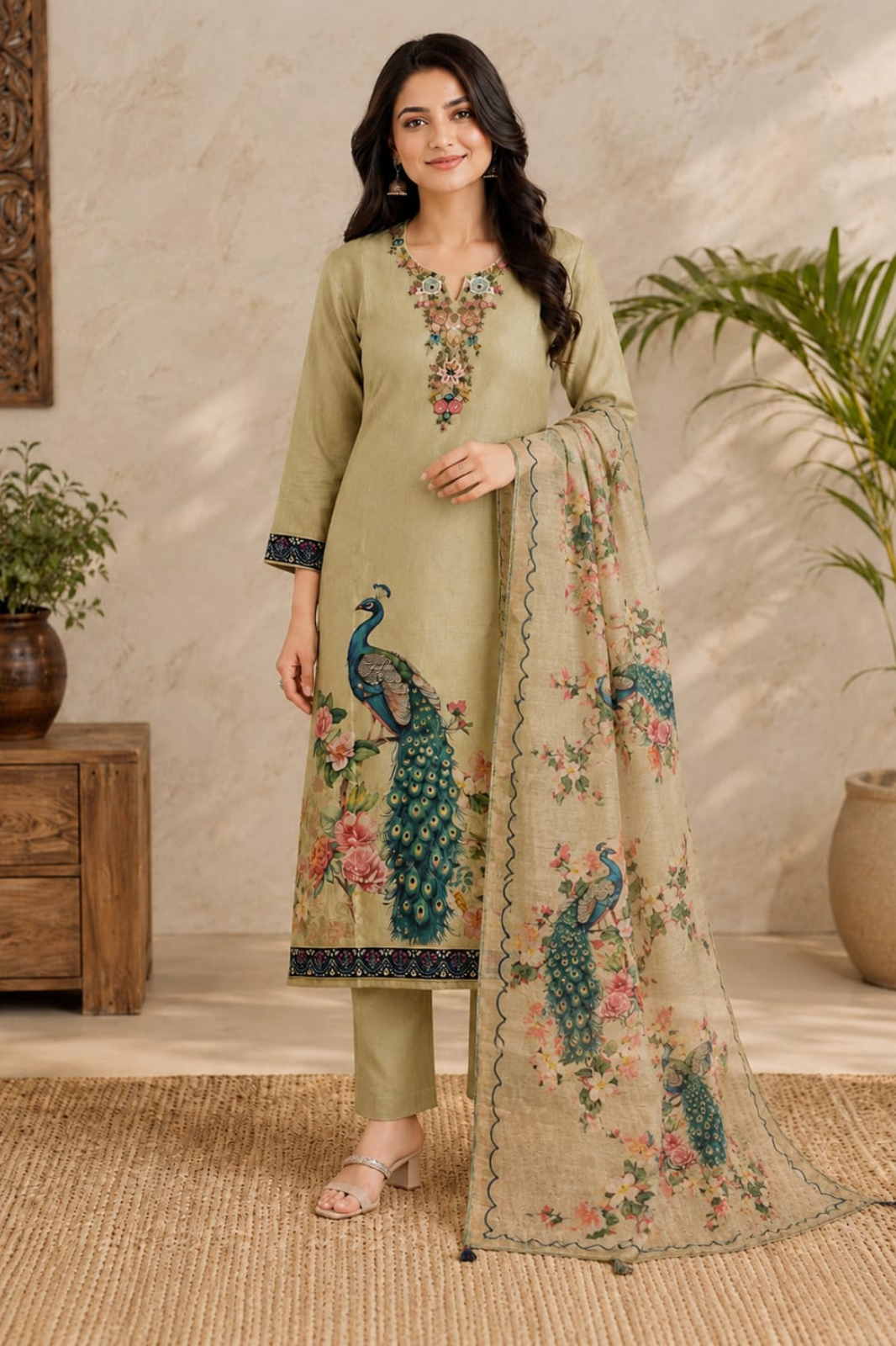 Sage Green Linen Kantha Embroidered Kurta Set with Printed Dupatta