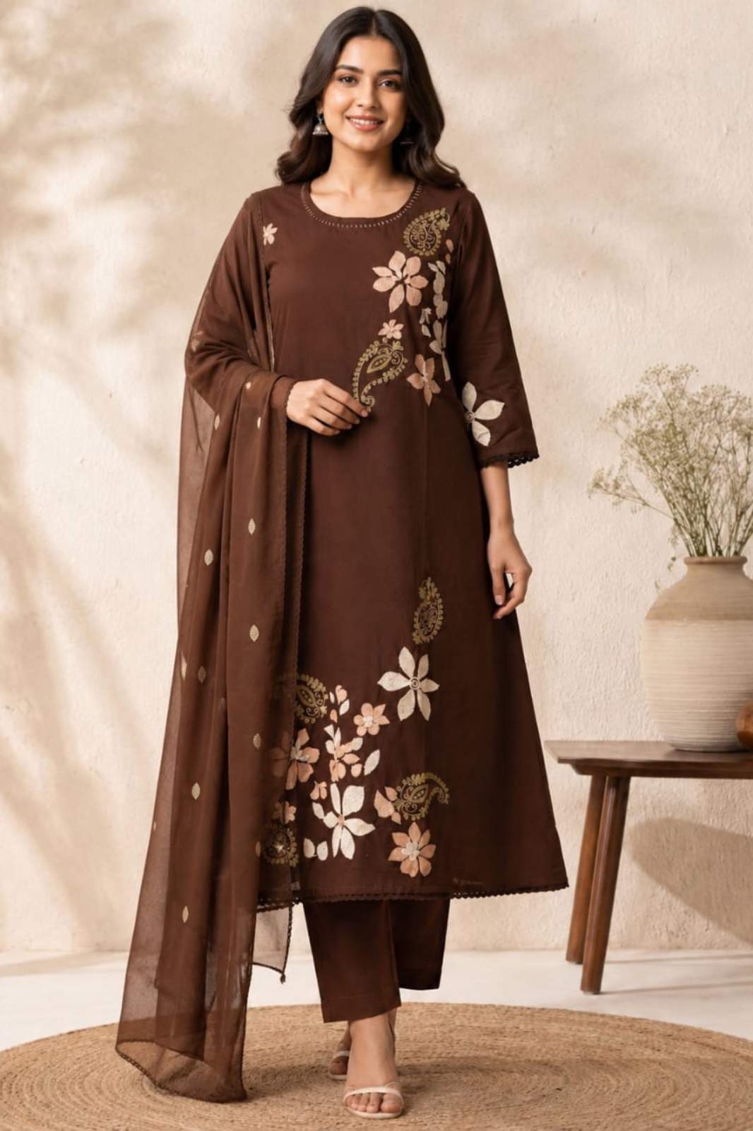 Chocolate Brown A-Line Cotton Embroidered Kurta Set with Dupatta