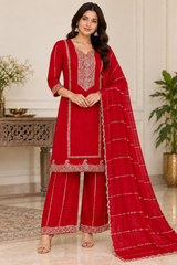 Elegant Red Embroidered Kurta Sharara Set with Dupatta in premium Chinon Fabric