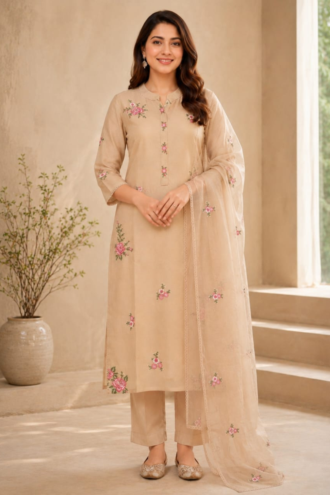 Beige Mul Chanderi Floral Embroidered Kurta Set with Dupatta