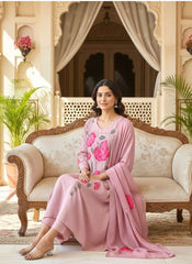 Blush Pink Chinon Hand Embroidery A-Line Kurta Set with Dupatta