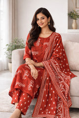 Rust Red Cotton Printed Daily Wear Kurta Set with Dupatta