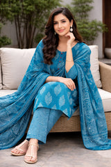 Blue Cotton Printed Daily Wear Kurta Set with Dupatta