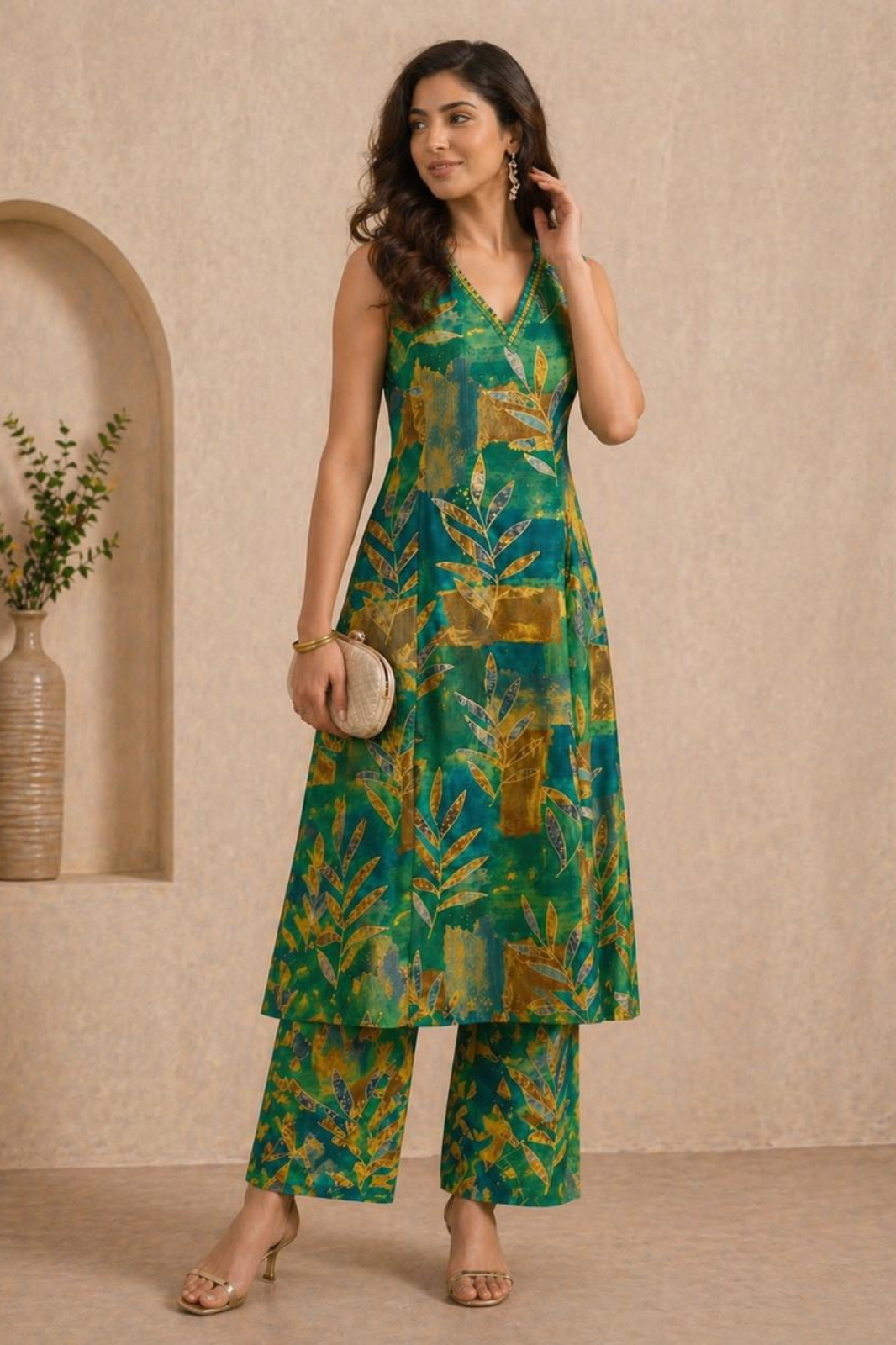Emerald Green Printed Cotton A-Line Kurta Set (Sleeves Included)