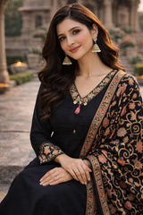 Elegant Black German Rayon Kurta Set with Embroidered Detailing & Digital Dupatta