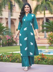 Teal Green Elephant embroidery Kurta Palazzo Set