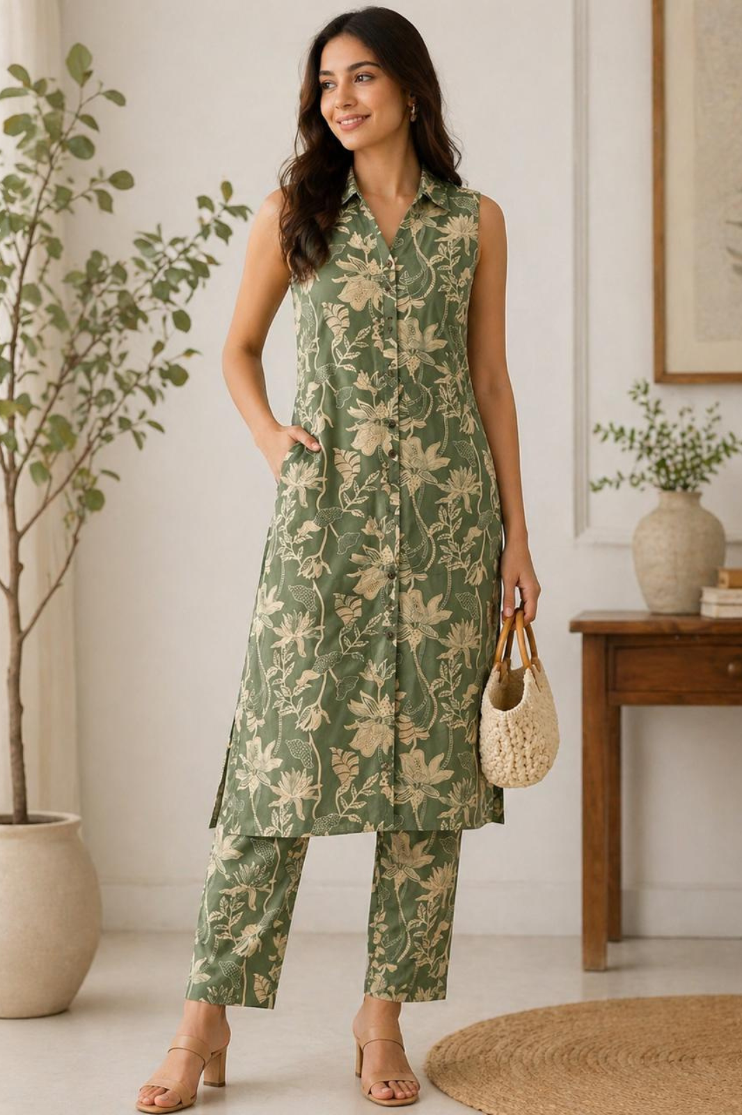 Olive Green Elegant Rayon Co-ord Set (Sleeves Included)