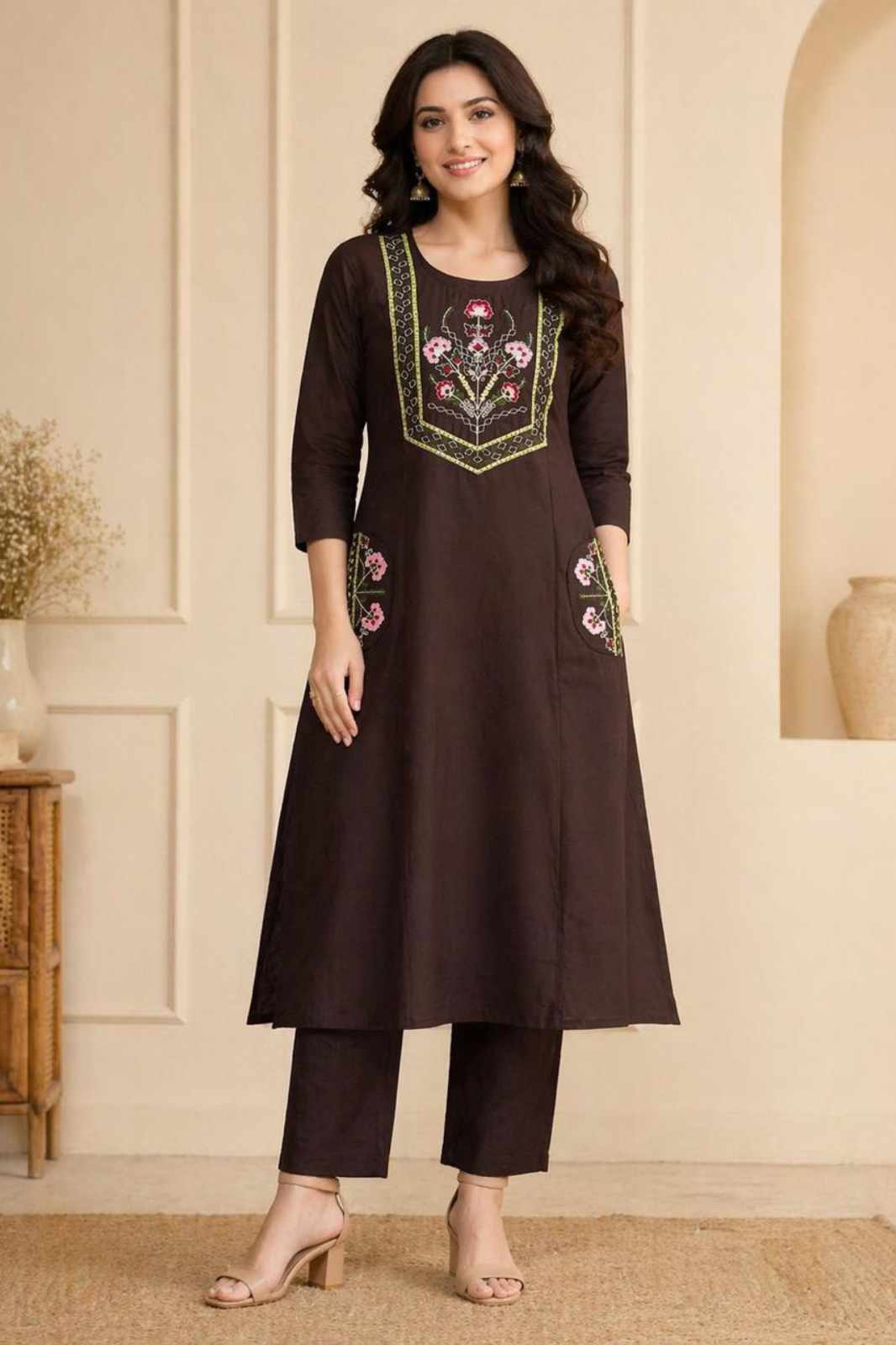 Brown Embroidered Dabu Cotton A Line Kurta Set with Embroidered Side Pockets
