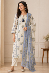 Elegant White & Blue Cotton Kota Doria Style Kurta Set with Dupatta