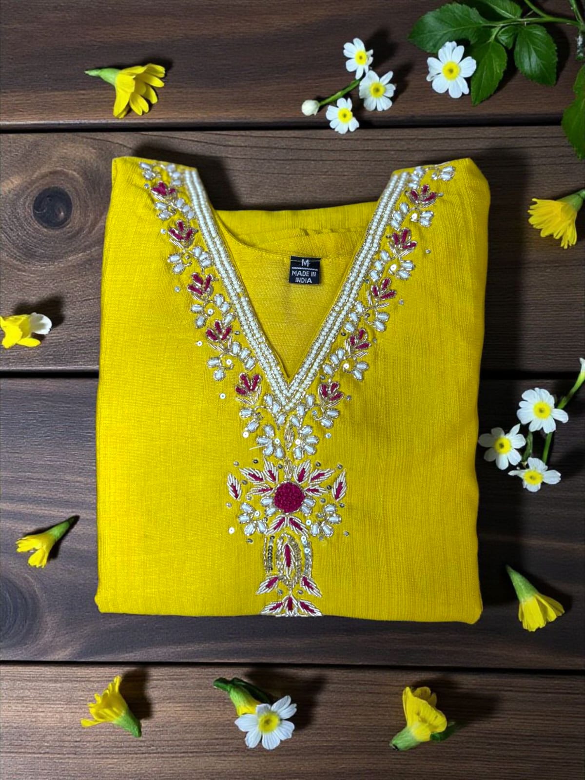 Bright Yellow Embroidered Suit Set with Pink Dupatta