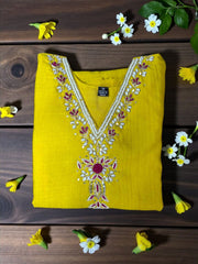 Bright Yellow Embroidered Suit Set with Pink Dupatta