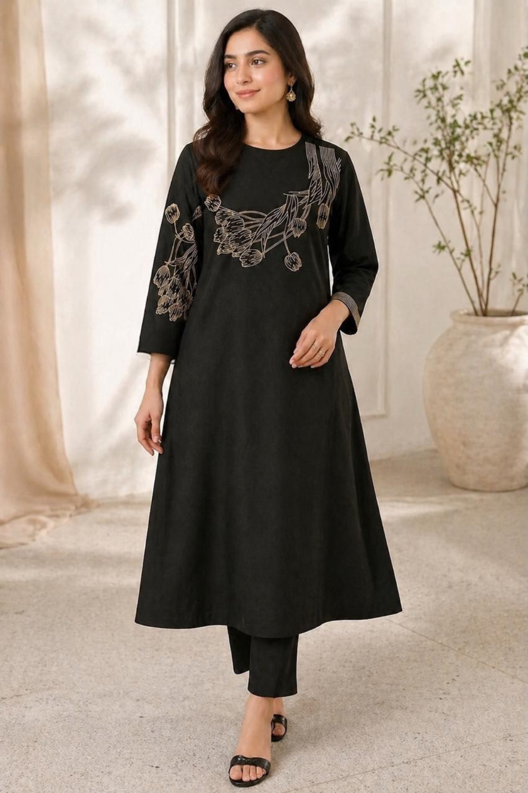 Black Handloom Cotton Embroidered Cotton A-Line Kurta Set