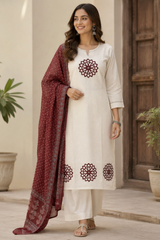Handloom Cotton A-Line Kurta Set with Ajrakh Patching & Kota Doriya Dupatta