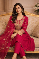 Royal Pink Embroidered Silk Kurta Set with Dupatta