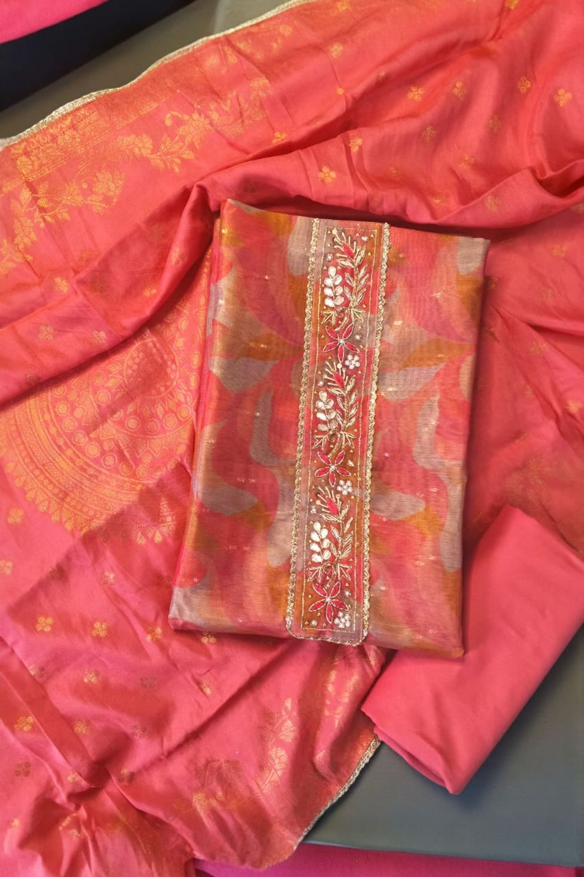 Beautiful Pink Chanderi Embroidered Unstitched Suit