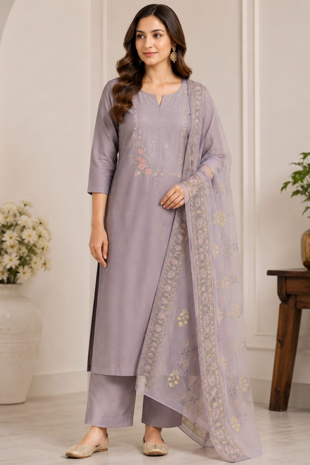 Lavender Roman Silk Handwork Kurta Set with Dupatta