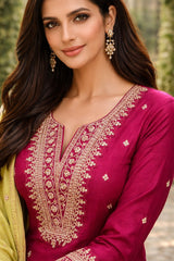 Pink Embroidered Kurta Set with Contrast Green Dupatta