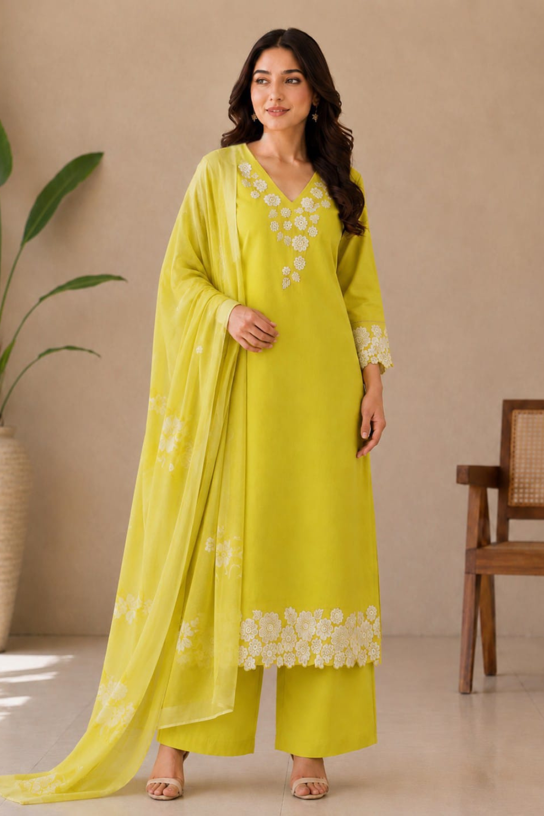 Lime Green Cotton Embroidered Kurta Set with Dupatta