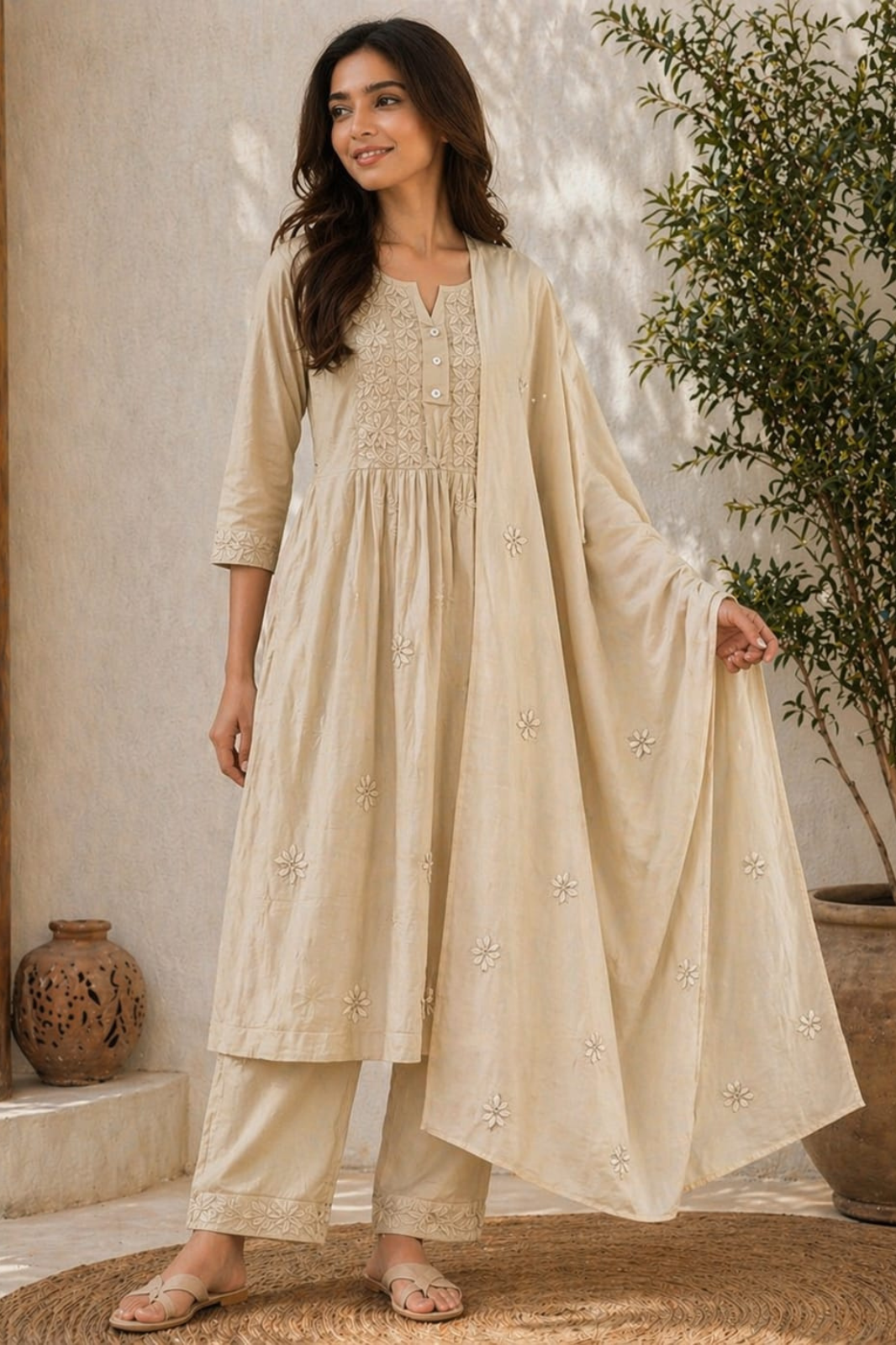 Beige Cotton Embroidered Kurta Set with Dupatta