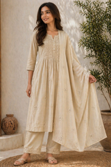Beige Cotton Embroidered Kurta Set with Dupatta