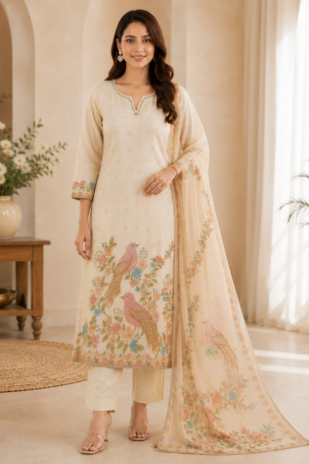 Cream Kota Doriya Kurta Set with Dupatta