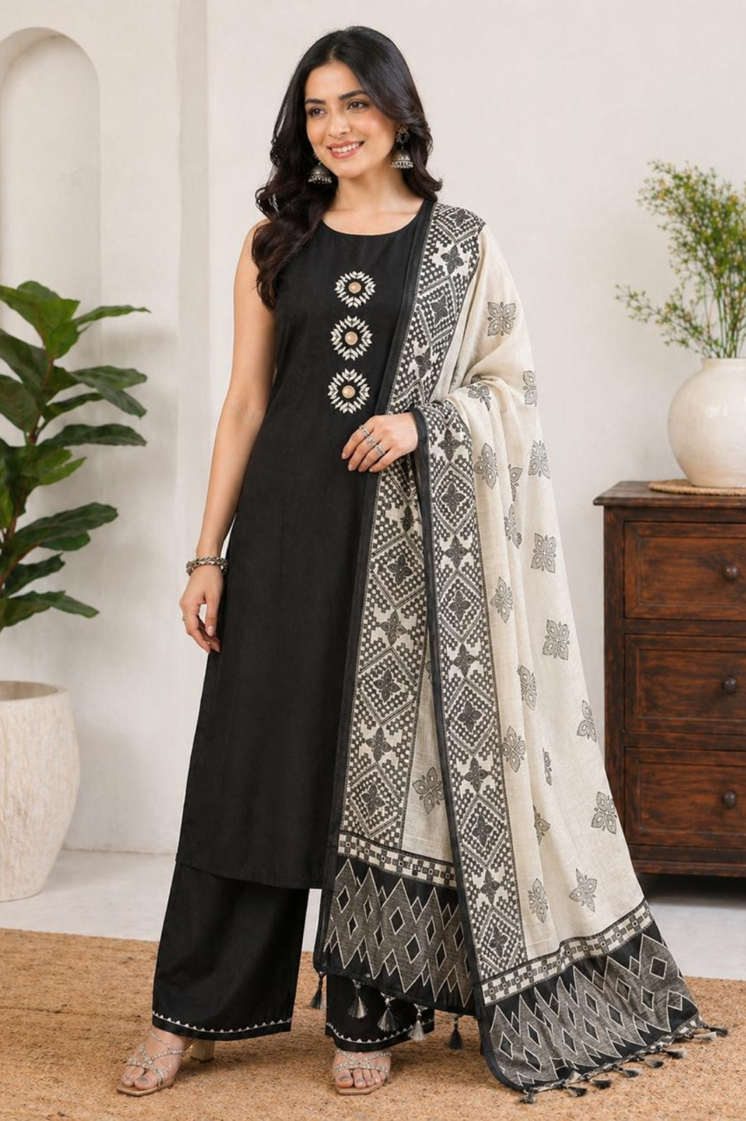 Black Muslin Real Mirror Work A Line Kurta Set with Designer Dupatta (Sleeves Included)