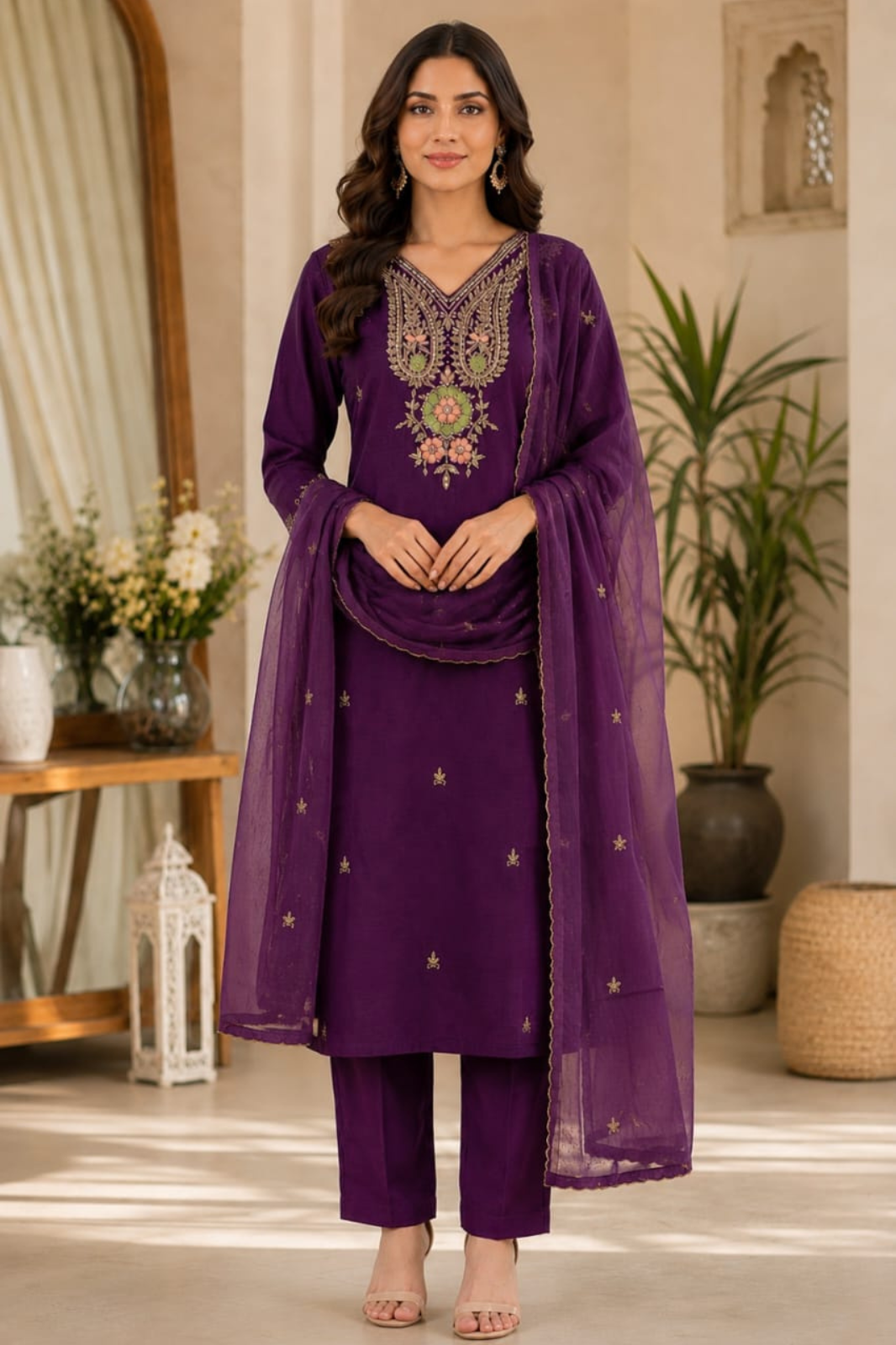 Royal Purple Dola Silk Embroidered Kurta Set with Dupatta