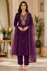 Royal Purple Dola Silk Embroidered Kurta Set with Dupatta