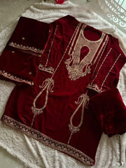 Unstitched Classic Maroon Embroidered Velvet Suit Set