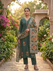 Green Handwork Cotton Kurta Set with Printed Dupatta