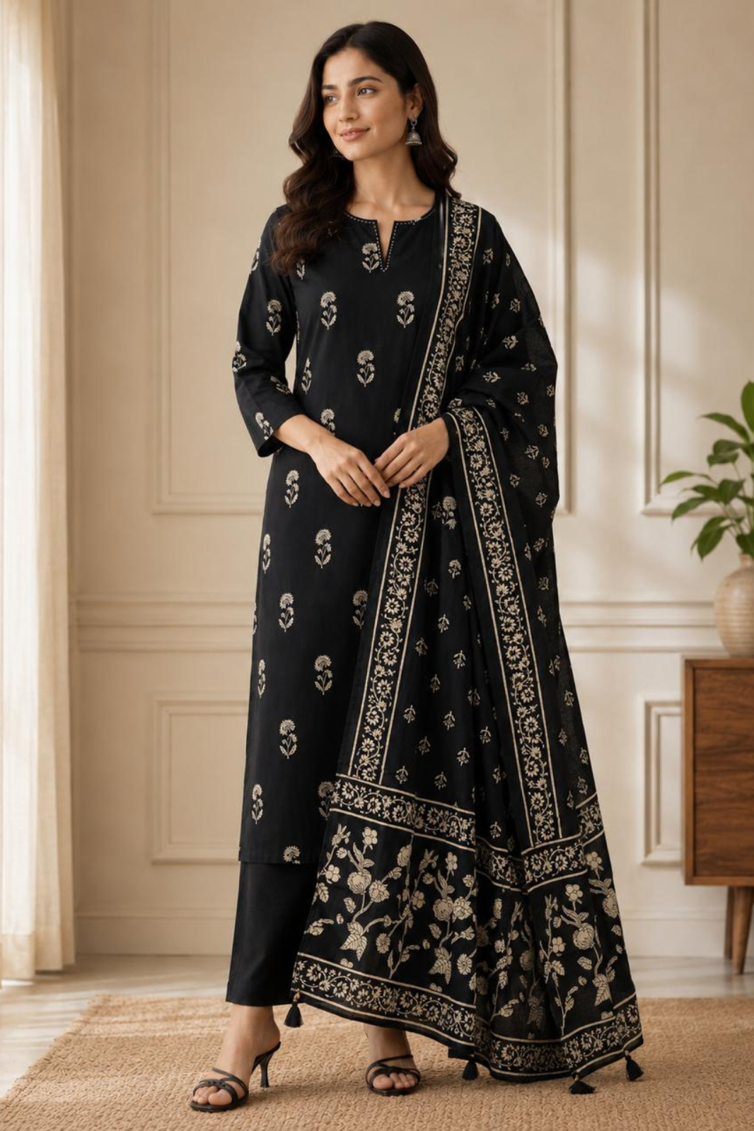 Black Cotton Printed Kurta Set with Floral Dupatta