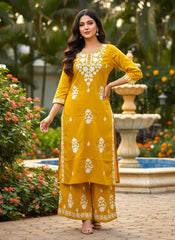 Mustard Yellow Embroidered Rayon Kurta Set with Dupatta