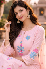 Blush Pink Cotton Embroidered Kurta Set with Scalloped Detailing & Embroidered Dupatta