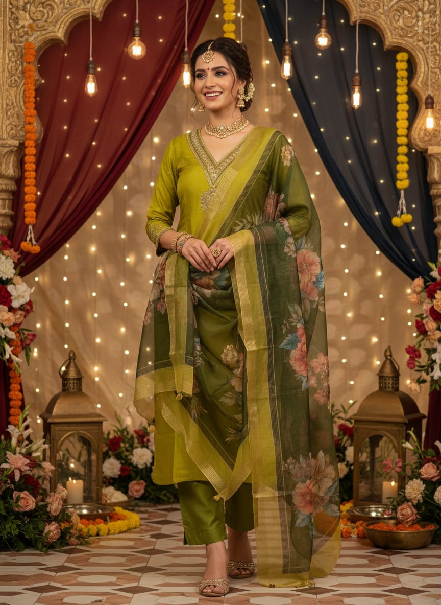 Olive Green Embroidered Suit Set with Floral Dupatta
