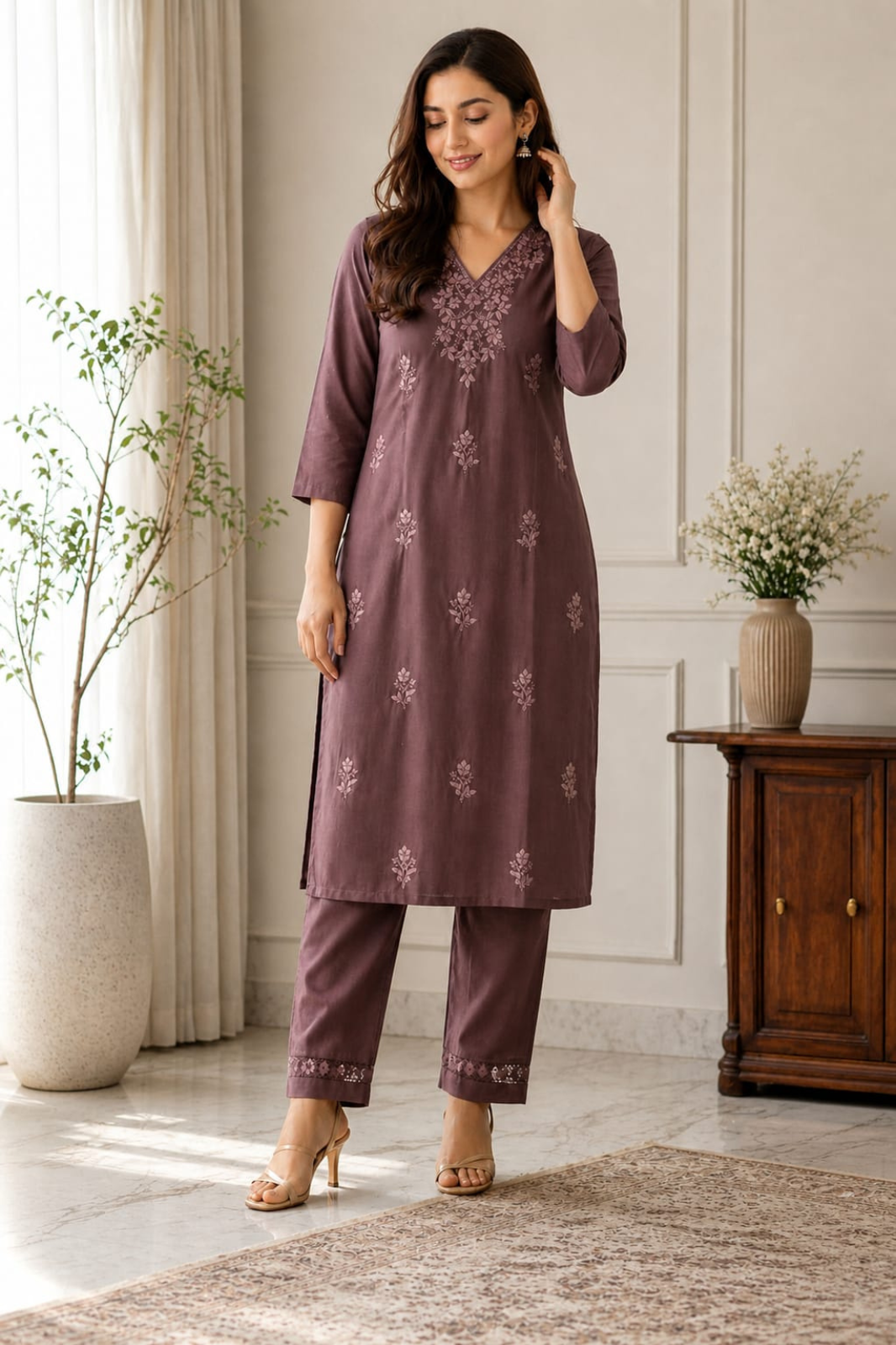 Mocha Brown Chikankari Rayon Kurta Set (Without Dupatta)