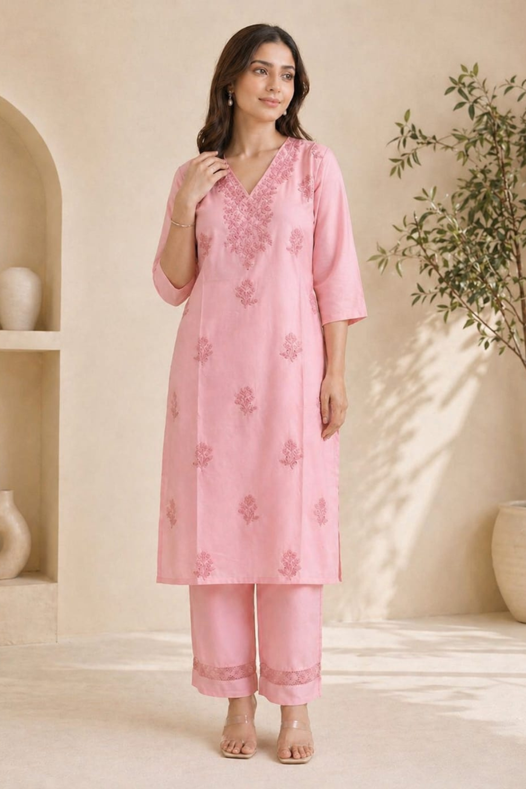 Blush Pink Chikankari Rayon Kurta Set (Without Dupatta)